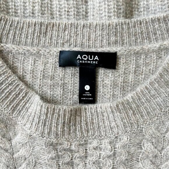 Aqua Cashmere Cable Knit Sweater Tan Beige 100% Cashmere Luxury L - Picture 2 of 5